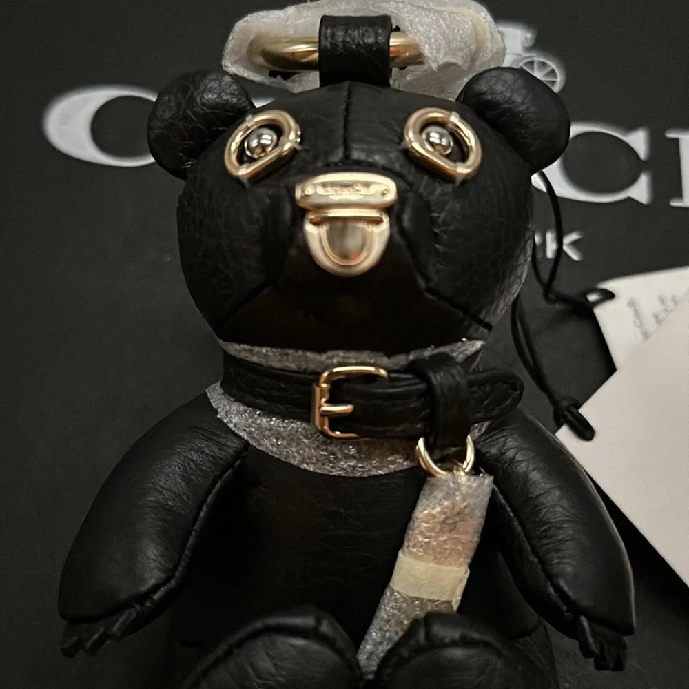 NWT Coach Bear Bag Charm Black Leather Purse Keychain FOB Canvas Signature - Picture 5 of 6